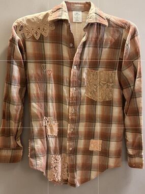 Upcycled Patchwork Lace Flannel Shirt Cottagecore Boho Button Down Small